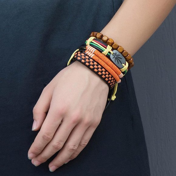 Unisex Jamaica Rasta Braided Leather Bracelet Set - Picture 2 of 4